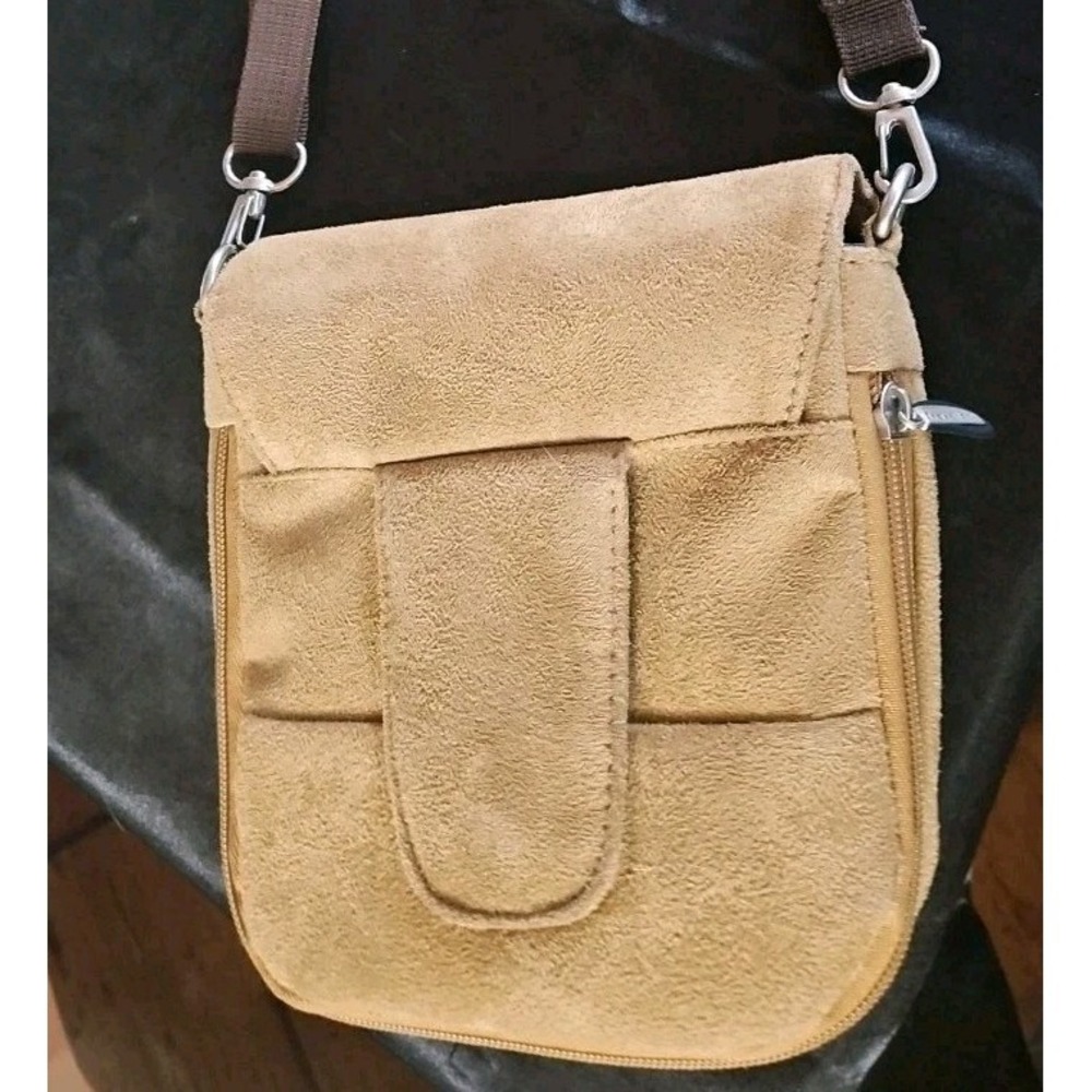 Travelon Cross Body Sling Bag Purse Crossbody Handbag Tan Faux Suede Mirror - Picture 1 of 7